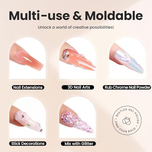 Beetles 3D Gel Nail Art-Snowy Cone 5 in 1 Non-Sticky Hand Extension with Rhinestones & Pearls & Glue Double-Head Pen for Women DIY Salon,White Solid Builder Nail Gel, UV&LED Lamp Cured Needed - color: B1-White Solid Builder Nail Gel