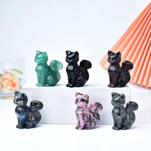Natural Green Strawberry Crystal Cat Statue 2.4 Inch - Handmade Healing Sculpture, Lucky Guardian Pocket Statue for Reiki Meditation, Office & Home Decoration Gift - color: Green Strawberry