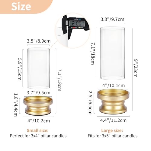 NUPTIO Hurricane Candle Holder Gold: Pillar Candle Holders with Clear Glass Sleeve - Set of 2 Decorative Brass Metal Pillars Stand for Dining Table Centerpiece Shelf Fireplace Mantel Decor - color: Gold