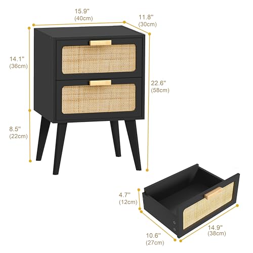 YAUKOMEL Black Nightstand, Wood End Table, Side Table with 2 Hand Made Rattan Decorated Drawers,Boho Bedside Table,Wood Accent Table with Storage for Livingroom, Bedroom, Black CTG59B - color: Black, style: Rattan Style