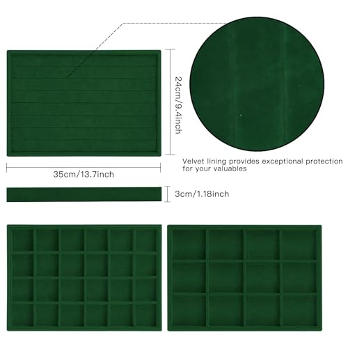 Rocutus Jewelry Trays,3 Pack Stackable Velvet Jewelry Organizer Tray Drawer Jewelry Storage Tray,Divided Ring Organizer Tray for Earrings, Necklaces, Bracelets,13.8"x9.5"x1.2" (Dark Green) - color: Dark Green
