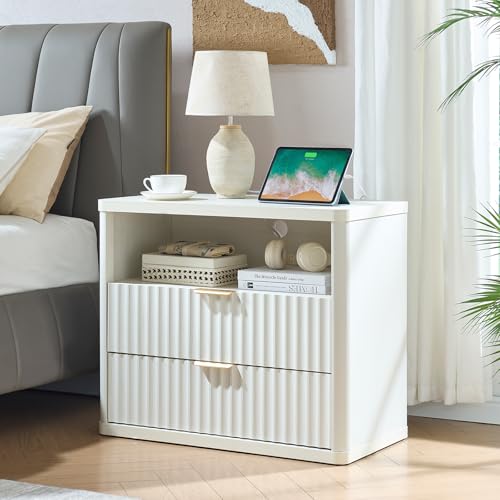 LEYAOYAO 31" Wide Fluted Nightstand with Charging Station, Oversized Extra Large 2 Drawers Night Stand,White Wood Bedside Table,Tall Bed Side End Tables,Modern Chest of Drawers Dressers for Bedroom - color: White, size: 2 Drawers