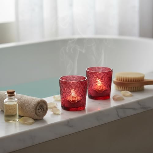 12 Pack Mandala Embossed Glass Candle Holders – Votive Tealight Holders with Patent Design, Decorative Embossed Glass Cups for Wedding Centerpieces, Parties, and Home Décor (Wildberry Red) - color: Wildberry Red
