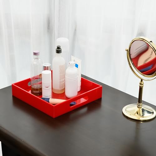 Sturdy Red Acrylic Serving Tray with Handles - 10x10Inch, Coffee/Appetizer/Butler Tray - Kitchen Countertop & Vanity Table Organizer - color: Glossy Red, size: 10" x 10" x 2"