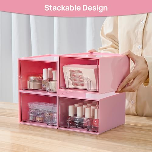 Vtopmart 4Pack Small Stackable Storage Drawers, Bathroom Makeup Organizer,Plastic Storage Bins For Vanity, Undersink, Kitchen Cabinet, Pantry, Home Organization(Pink) - style: 4pack-Pink