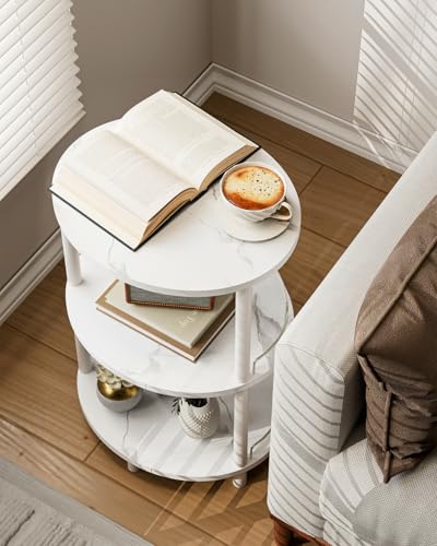 Small Nesting Coffee Table - 3-Tier Oval Accent Table for Small Spaces, Rustic Wood and Metal Couch End Table, Nightstand for Bedroom or End Table Living Room, Easy to Assemble, Marble White - color: Marble White, size: 1-Pack, style: With Guard Rail