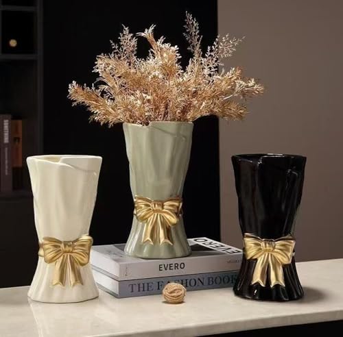 Bow Vase, Black Flower Vase for Home Decor, Black Ceramic Vases for Boho Style, Bow Decor, 9.3 Inch Flower Vases for Bouquet, Ideal Shelf Decor/Table. (Large) - color: Black