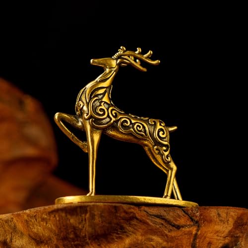 Solid Brass Deer Figurine with Auspicious Cloud Patterns, Retro Desktop Decor, Collectible Figurines, Handcrafted Art Deco Sculpture for Office Desk, Home Decor, Lucky Symbol Ornament - style: Lucky Cloud Deer