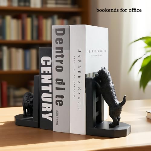 Decorative Bookends Cute Heavy Duty Book Ends, Dog and Cat Playing in The Fence Unique Modern Book Ends Stoppers Holders for Shelves Office, Black, Resin, 7.9" X 6.7"