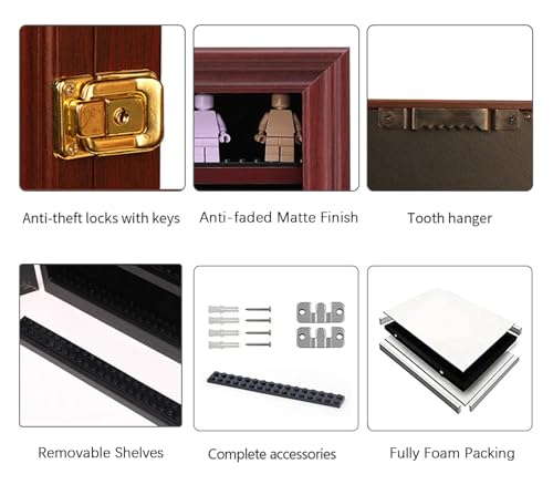 VERANI Minifigures Miniature Display Case Collectibles Display Box Wall Mount Figure Display Curio Cabinet with Lockable Anti Dust Door for Small Objects Lockable Removable Shelves - Small Mahogany - size: Small Mahogany