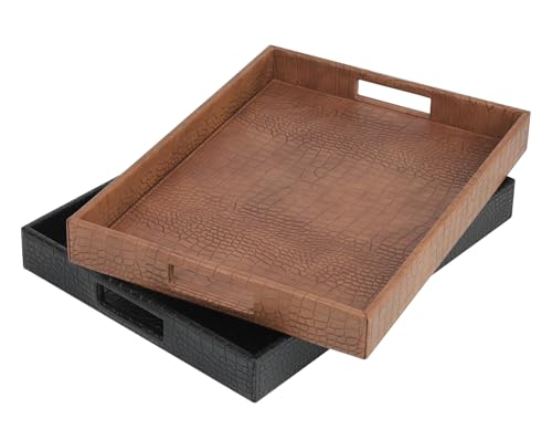 HofferRuffer Rectangle Serving Tray with Hole Handles for Coffee Table, Breakfast, Tea, Food, Butler - Countertop, Kitchen, Vanity Serve Tray, 16.2 x 12.2 x 2 inches, Faux Leather (Black Croco) - color: Black Croco, size: 16.2" x 12.2" x 2"