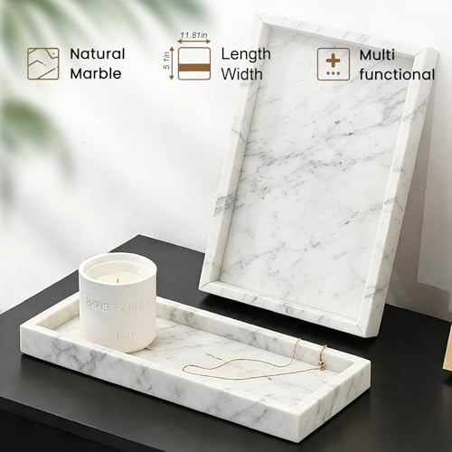 Natural Marble Tray, Stone Tray for Bedroom/Bathroom/Kitchen/Vanity Countertop, Jewelry Tray for Rings Earrings Necklace Bracelet Watch, Room Decor Aesthetic - color: Carrara White, size: 11.8" x 5.1" x 1.2"