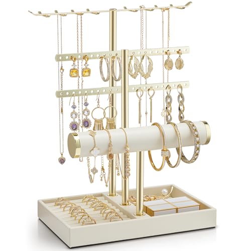 VLANDO 3 Tier Jewelry Stand Organizer with Tary, Mothers Day Mom Gifts for Women, Gold Jewlery Holder Display for Necklace, Earring, Bracelet, Rings - Cloud White - color: B. Cloud White, size: 3-Layer