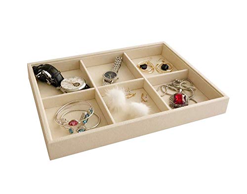 Premium Grade Beige Velvet Jewelry Organization Tray 6 Grids Removable Rearrangeable Dividers Stackable Drawer Inserts Closet Organizer - color: 6 Grids Velvet Tray