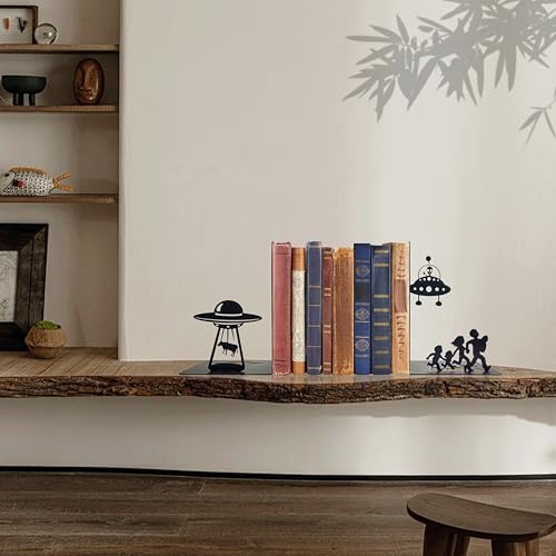 Alien Decor UFO Decor - Unique Bookends for Kids and Adults - Decorative Bookends for Shelves - Black Modern Bookends for Avid Readers - Fun Stylish Alien Gifts