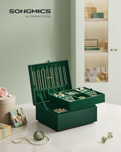 SONGMICS 2-Layer Jewelry Box, Jewelry Organizer with Handle, Removable Jewelry Tray, Jewelry Storage, Floating Effect, 8.1 x 9.4 x 4.3 Inches, Gift Idea, Forest Green UJBC165C01 - color: Forest Green