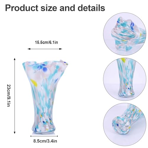 9.1H Murano Hand Blown Glass Vase, Ruffled Scalloped Rim Trumpet Shape, Wide Mouth Colorful Decorative Glass Vase, Sculptural Art Centerpiece for Living Room Table, Bathroom, Office Shelf(Blue-Yellow) - color: Blue-yellow