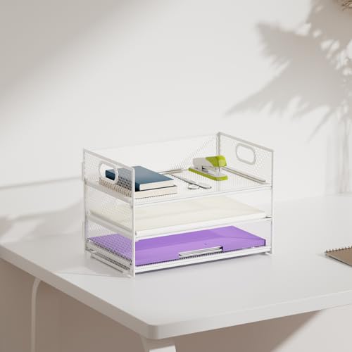 Marbrasse 3 Tier Paper Organizer Letter Tray, Mesh File Organizer with Handle, Paper Sorter Desk Organizer for Home Office Supplies - 2p Pink - color: White - 2p