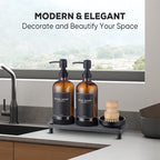 Kitchen Soap Dispenser Set with Instant Dry Tray,16 Oz Hand and Dish Soap Amber Glass Dispenser Set,Stainless Steel Pump,Waterproof Labels&Dish Brush,Luxury Soap Bottle for Kitchen,Bathroom - color: Amber Bottle+black Pump