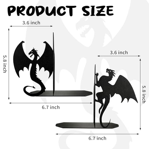 Dragon Bookends Decorative Metal Book Ends for Shelves, Unique Office Desk Bookends Cute Stoppers Reading, Bookshelf Decor for Office School Bedroom Gift for Dragon Lovers and Reading Enthusiasts - color: Black Dragon