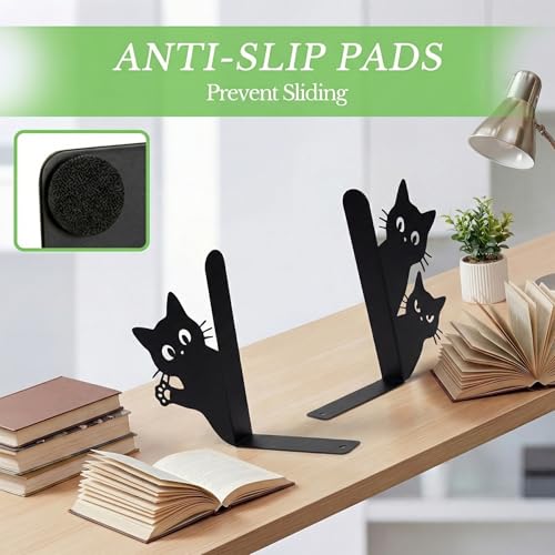 Sanwarm Metal Bookends Black Cats Cartoon Book Ends Decorative Bookend for Home Office Library Desk Book Shelves Decor, Gift for Reading Enthusiasts Non-Skid Book Stoppers Holder (1 Pair) - color: Black Cat 2