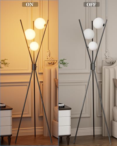 3 Globe Dimmable Tripod Floor Lamp, Mid Century Standing Lamps with 3Pcs 3000K Bulbs Included, Modern Tall Lamp for Living Room Bedroom Office-Black - color: 3 Globe-Black