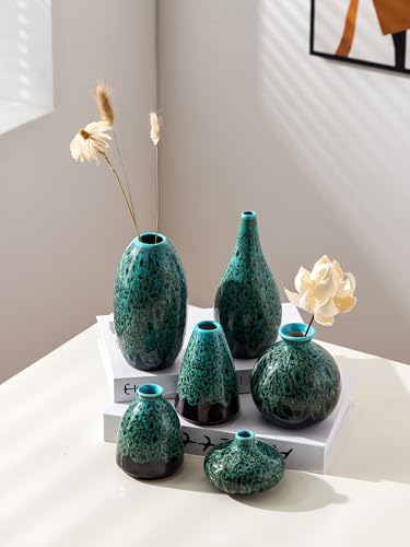 Ceramic Bud Vase Set, Fambe Blue Glazed Finish, Decorative Flower Vases (Blue-Set of 6) - color: Blue-set of 6