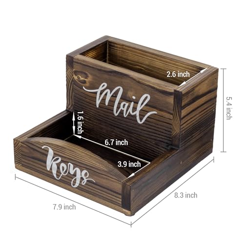 MyGift Rustic Burnt Solid Wood Mail Holder and Key Organizer, Entryway Storage Tray or Office Desktop Organizing Bin with White Cursive Lettering Labels - color: Burnt Wood