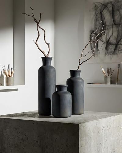 Black Ceramic Vases Set – Rustic Vintage Matte Decorative Flower Vases with Brushed Gold Effect for Home Decor, Living Room, Dining Table & Mantel Centerpieces - color: Black