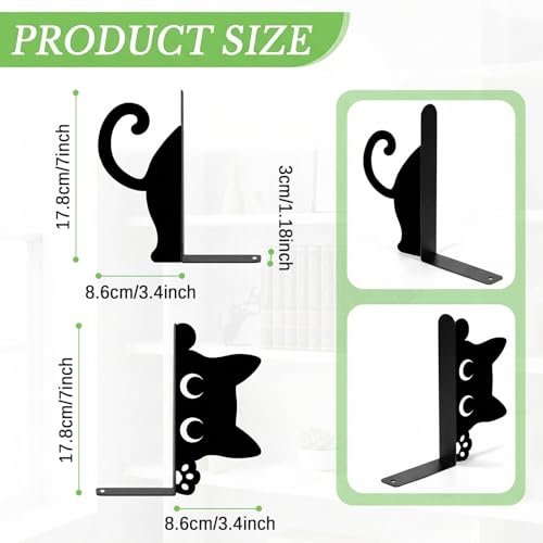 Sanwarm Metal Bookends Funny Black Cat Book Ends Decorative Bookend for Home Office Library Desk Book Shelves Decor, Gift for Reading Enthusiasts Non-Skid Book Stoppers Holder (1 Pair) - color: Cute Cat