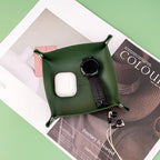 SANQIANWAN PU Leather Arc Edge Jewelry Valet Tray for Man and Women, Portable Mini Entryway Table Tray Bedside Nightstand Desk Tray Small Travel Dish Plate for Key,Wallet,Watch,Coin (DarkGreen) - color: Darkgreen
