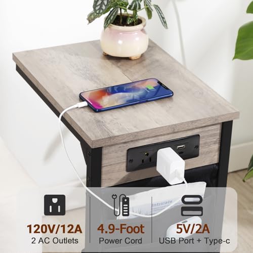 AMHANCIBLE C Shaped End Table with Charging Station, TV Tray Set of 2, Couch Tables with Storage Bag, Slide Under Sofa Side Table with USB Ports and Outlets for Living Room, Grey HET04CGY - color: Grey