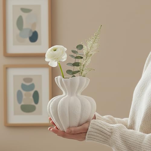 White Ceramic Vase, 6.8 Inch Modern Boho White Flower Vase for Home Decor, Unique Vase for Farmhouse Living Room Cabinet Table Centerpieces Wedding Decorations - size: Small