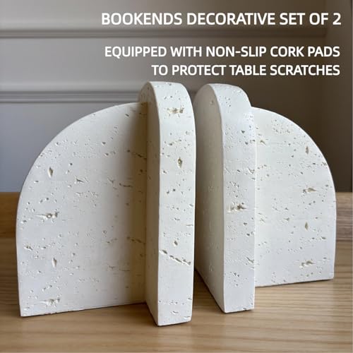 Concrete Bookends Decorative for Heavy Books - Travertine-Inspired Texture, Non-Slip Base, Soft Beige Decorative Bookends for Shelves, Minimalist Home Office Decor