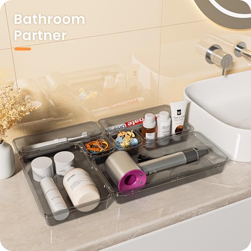 A-LuGei 【Military Grade】 Drawer Organizer, 【𝟱𝗦𝗶𝘇𝗲】 Clear Makeup organizer, 【Holds 177 Items】 Bathroom Organizers and Storage, Plastic Desk Organizer Divider, Organizer Bins for Office Vanity - color: Clear Black