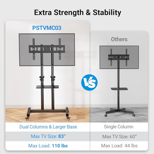 PERLESMITH Rolling TV Stand on Wheels for 32-83 Inch Screens up to 110lbs, Mobile TV Cart Height Adjustable Portable Outdoor TV Stand Tilt Rolling TV Cart with Shelf Max VESA 600x400mm PSTVMC03 - size: 32-83 Inch