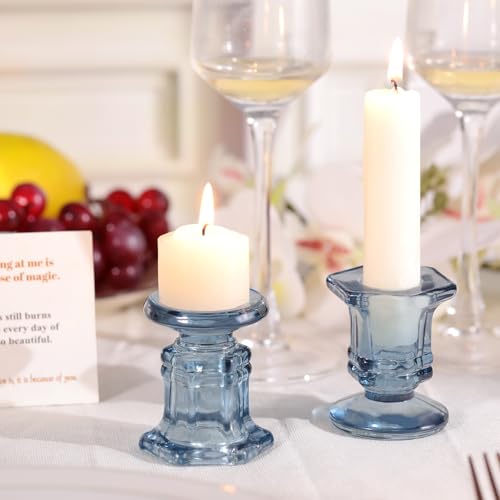Blue Candlestick Holders Bulk, 12 Pcs Glass Candle Holders Set,Crystal Taper Candle Holder for Wedding, Table Centerpiece, Home Decoration - color: Blue