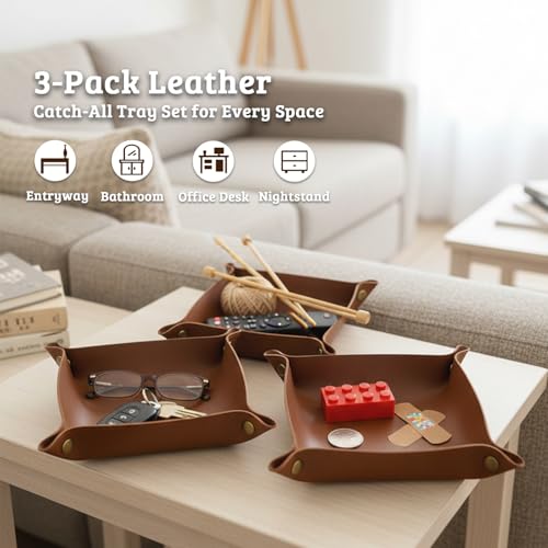 3 PACK PU Leather Jewelry Valet Tray Organizer, Foldable & Portable Catch All Bowl for Entryway Table, Nightstand, Desk & Travel | Storage Dish for Keys, Watch, Coin, Glasses (Brown) - color: Brown