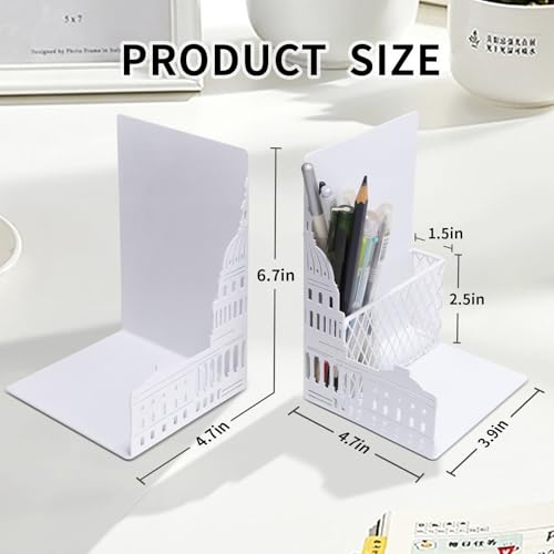 Capitol Book Ends Decorative for Shelves,ENCIMART 1.5mm Thickened Bookends with Pen Holder,Heavy Duty Metal Book Stopper Desk Organizer Holder for Office Gift (White) - color: Capitol White