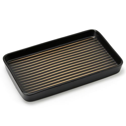 10"×6"×1" Black Bathroom Vanity Tray for Countertop- Ceramic Decorative Organizer Tray for Dresser Tops, Toilet, Perfume, Sponge Holder Soap Dish Dispenser for Kitchen Counter- Golden Stripes - color: Black Color With Golden Stripes-1 Pc