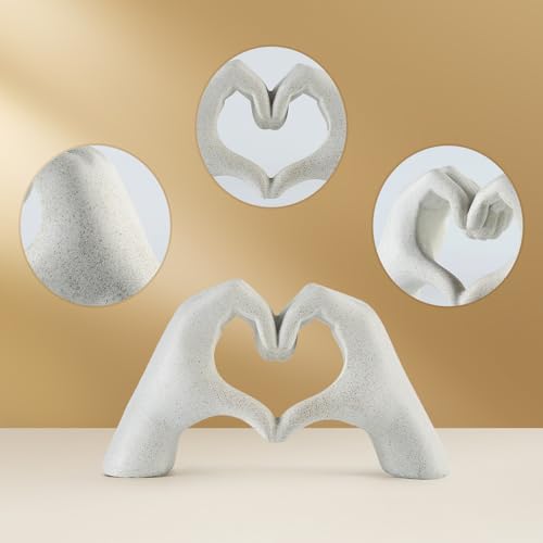 White Heart Hands Sculpture - 9.4" W Modern Home Decor Sculpture for Shelves, Desk & Living Room, Minimalist Shelf Decorations, Heart Hands Decor