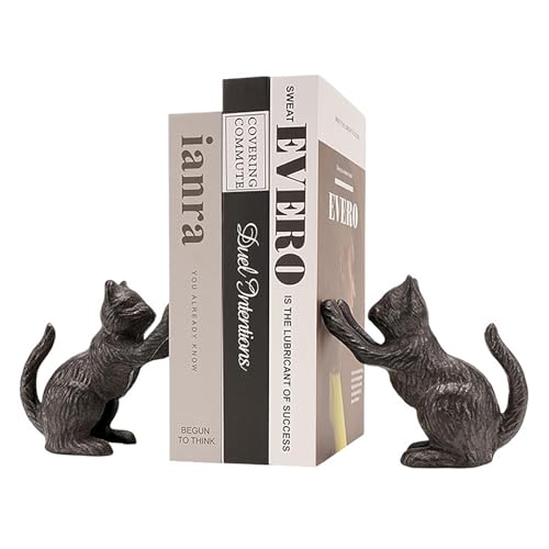Book Ends for Shelves, Cat Bookends for Heavy Books, Cast Iron Cats Sculptural Bookend Pair with Anti Slip Base Book Stopper for Shelves Books Home Office Vintage Shelf Decor