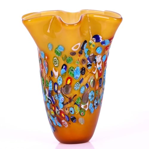 DOVDOV Handmade Glass Blown Orange Wide Mouth Irregular Vase, Modern Art Decoration for Home Office Living Room Dining Table Centerpiece