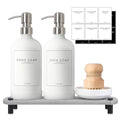 Kitchen Soap Dispenser Set with Instant Dry Tray,16 Oz Hand and Dish Soap White Glass Dispenser Set,Stainless Steel Pump,Waterproof Labels&Dish Brush,Luxury Soap Bottle for Kitchen,Bathroom - color: White Bottle+silver Pump