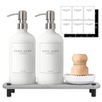 Kitchen Soap Dispenser Set with Instant Dry Tray,16 Oz Hand and Dish Soap White Glass Dispenser Set,Stainless Steel Pump,Waterproof Labels&Dish Brush,Luxury Soap Bottle for Kitchen,Bathroom - color: White Bottle+silver Pump