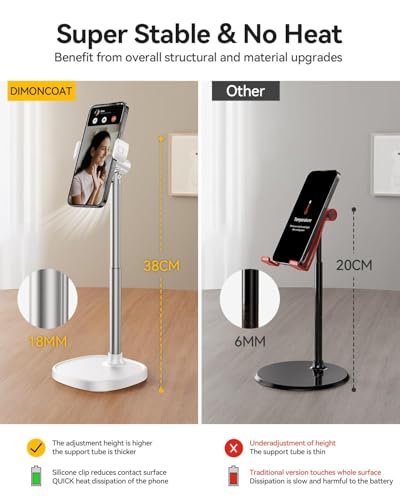 DIMONCOAT Adjustable Aluminum Alloy Cell Phone Stand - White, Universal Compatibility with 4-7 inch Devices, 180° Flip & 360° Rotation - color: WHITE - 6X STABLE WEIGHTED BASE, size: For 4-7 Inch
