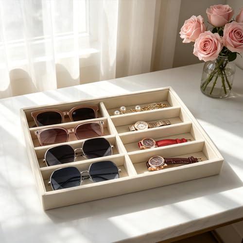 Sunglass Organizer, 8 Grids Beige Velvet Glasses Tray for Eyeglasses Watches Jewelry Display Handmade Craft Storage Box for Home or Shop, Large Capacity 13.8"x9.4" Men Women - color: YH-Beige