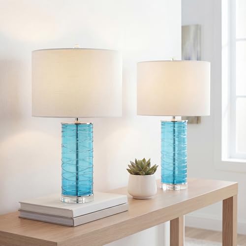 JONATHAN Y 27.5" Turquoise Modern Fused Glass Table Lamp Set of 2 for Bedroom Living Room, Coastal Nightstand Bedside Lamp with White Linen Shade, LED Bulbs Included JYL4016A-SET2 - color: Turquoise