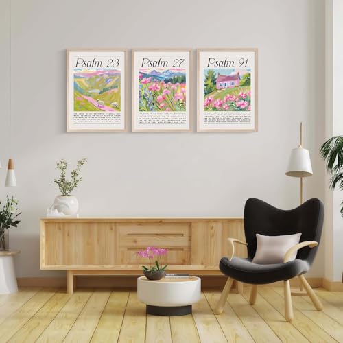 MochaMilly Psalm 23, 27, 91 Bible Print Pink Christian Wall Art Bible Verse Canvas Poster Floral Wall Decor Religious Picture Girls Room Print Bible Poster Set Fashion Preppy Style Bedroom Painting Framed - color: Psalms 23, 27, 91 Scripture Prints, size: