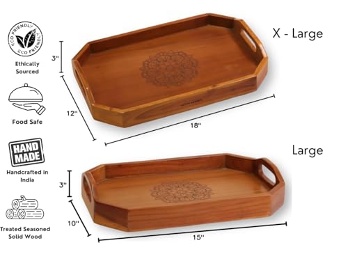 Vesta Homes Set of 2 Zak Acacia Wood Rectangular Serving Tray for Home/Kitchen/Restaurant/Office Organizer/Dining Table|Premium Wooden Trays|48 X 33 ; 40 x 27 cm | Handcrafted in India - size: Set of 2 Trays: 18.9" x 13", 15.7" x 10.6"